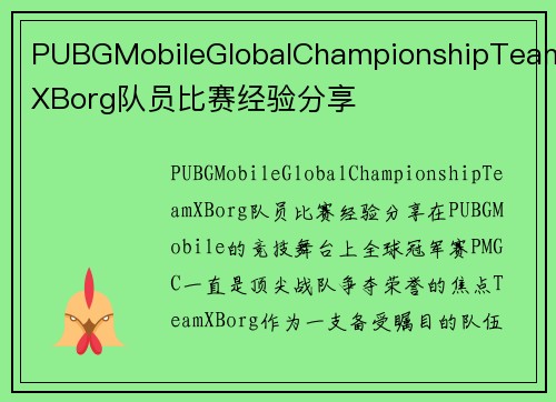 PUBGMobileGlobalChampionshipTeamXBorg队员比赛经验分享